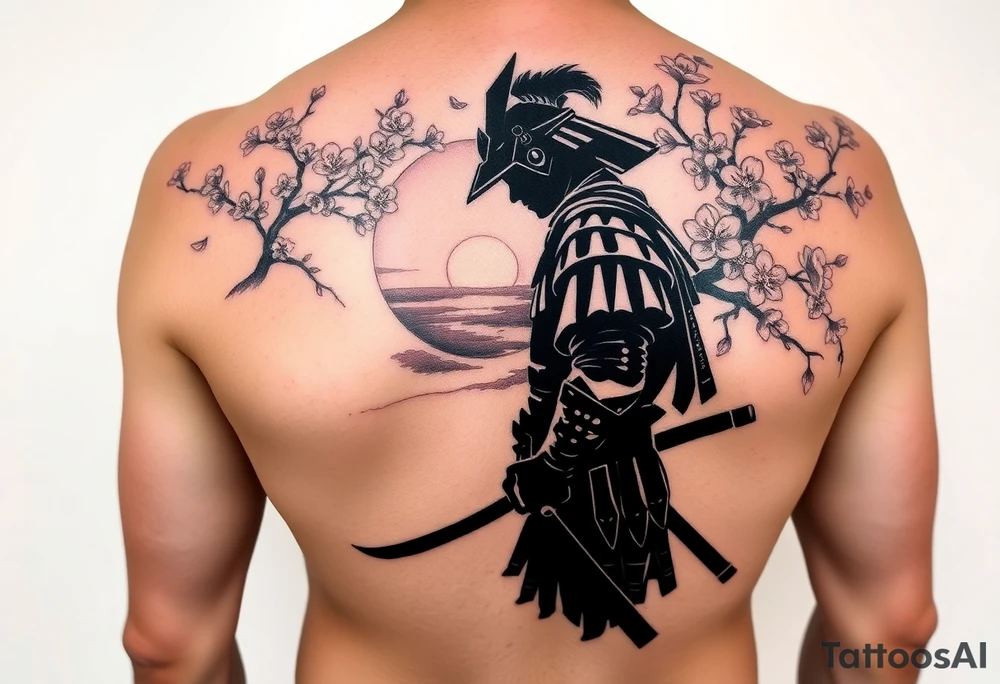 noble samurai warrior silhouette at sunset with cherry blossoms in a full arm sleeve tattoo idea