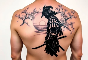 noble samurai warrior silhouette at sunset with cherry blossoms in a full arm sleeve tattoo idea