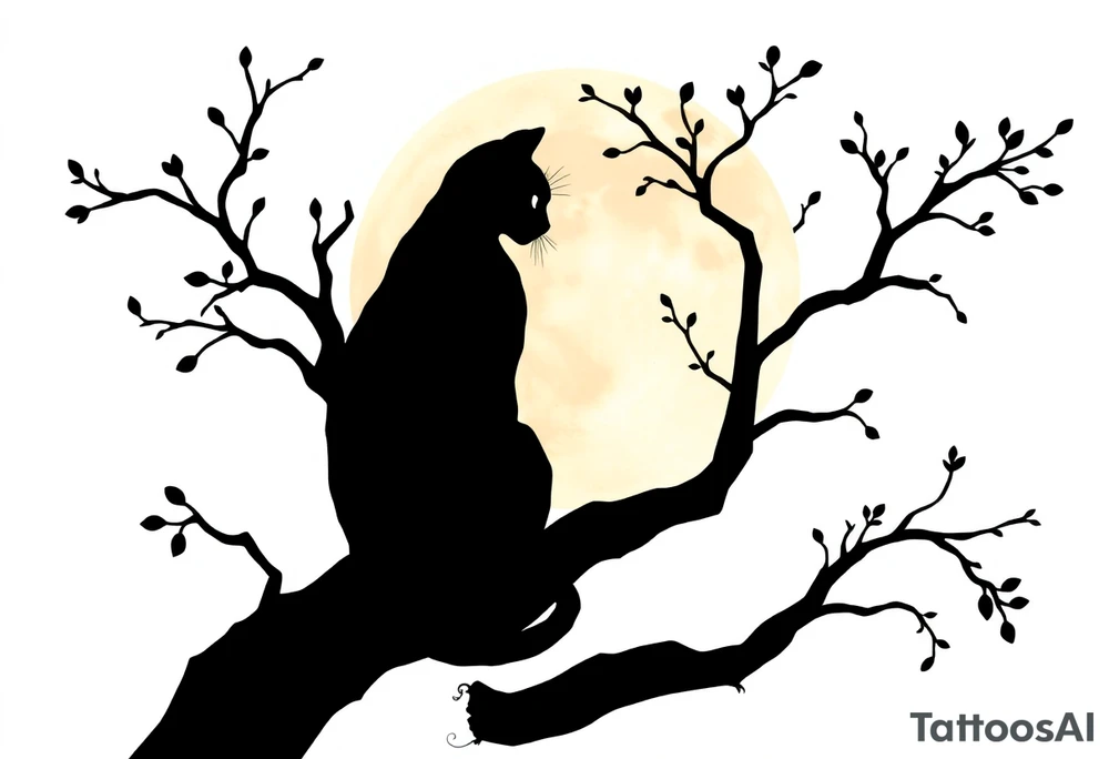 a cats sillhouette siting on a tree in the moon light tattoo idea