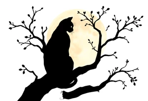 a cats sillhouette siting on a tree in the moon light tattoo idea