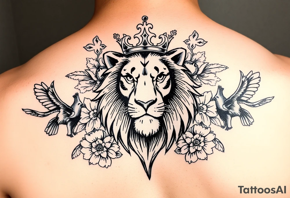 powerful majestic lion with a crown, surrounded by floral ornaments and birds tattoo idea