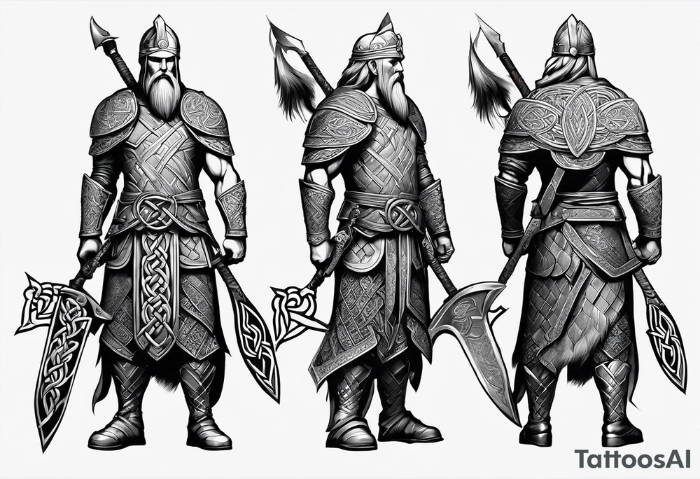 Full body side profile of a Celtic warrior with weapons, facing from left to right tattoo idea