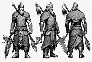 Full body side profile of a Celtic warrior with weapons, facing from left to right tattoo idea