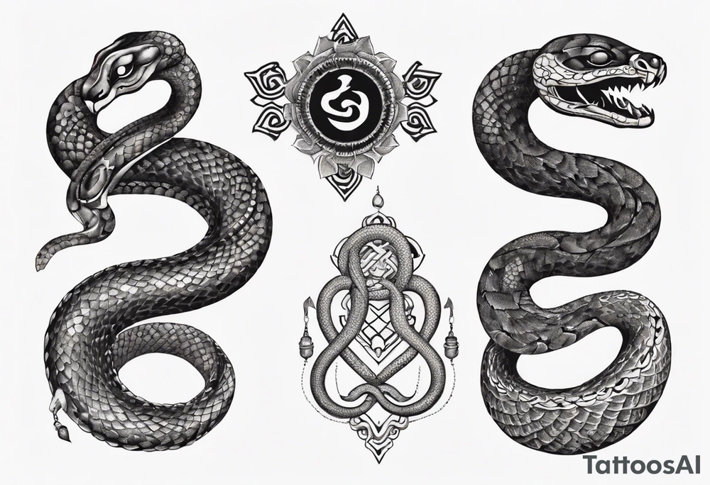 two snakes around a Buddhist amulet that represents strength, protection, and love tattoo idea