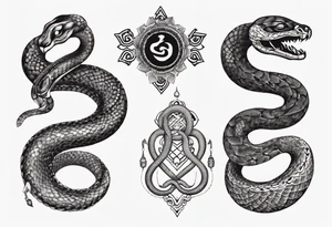 two snakes around a Buddhist amulet that represents strength, protection, and love tattoo idea