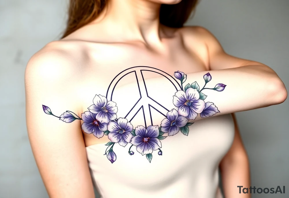peace symbol intertwined with violets Pisces symbol, dog prints, amethyst, initials csb in cursive font tattoo idea