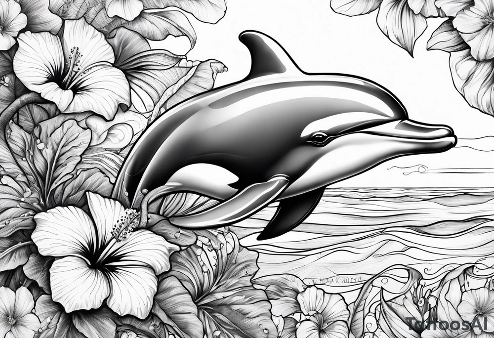 dolphin,sea, hibiscus, tattoo idea