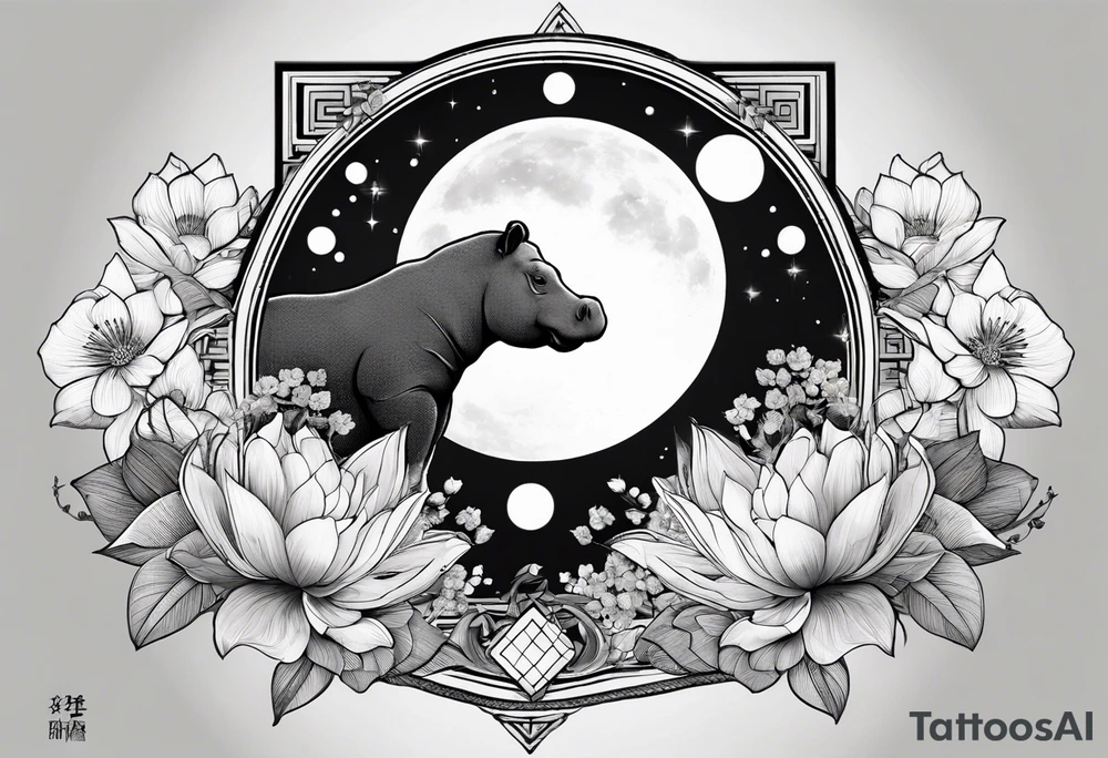 Very asymmetrical, +geometric pattern, with realistic full moon, with seeious looking hippo, +zen feel, + Buddhism touch,
with wintersweet flower bud, +portrait orientation, +inkart touch, tattoo idea