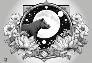 Very asymmetrical, +geometric pattern, with realistic full moon, with seeious looking hippo, +zen feel, + Buddhism touch,
with wintersweet flower bud, +portrait orientation, +inkart touch, tattoo idea