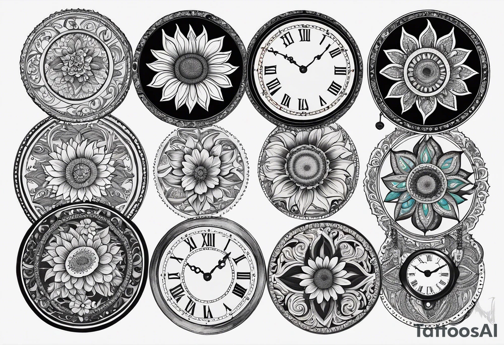 Sunflower, paisley, moon, 3 old fashioned pocket watches, witchy tattoo idea