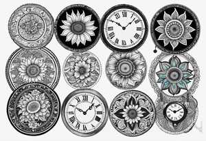 Sunflower, paisley, moon, 3 old fashioned pocket watches, witchy tattoo idea