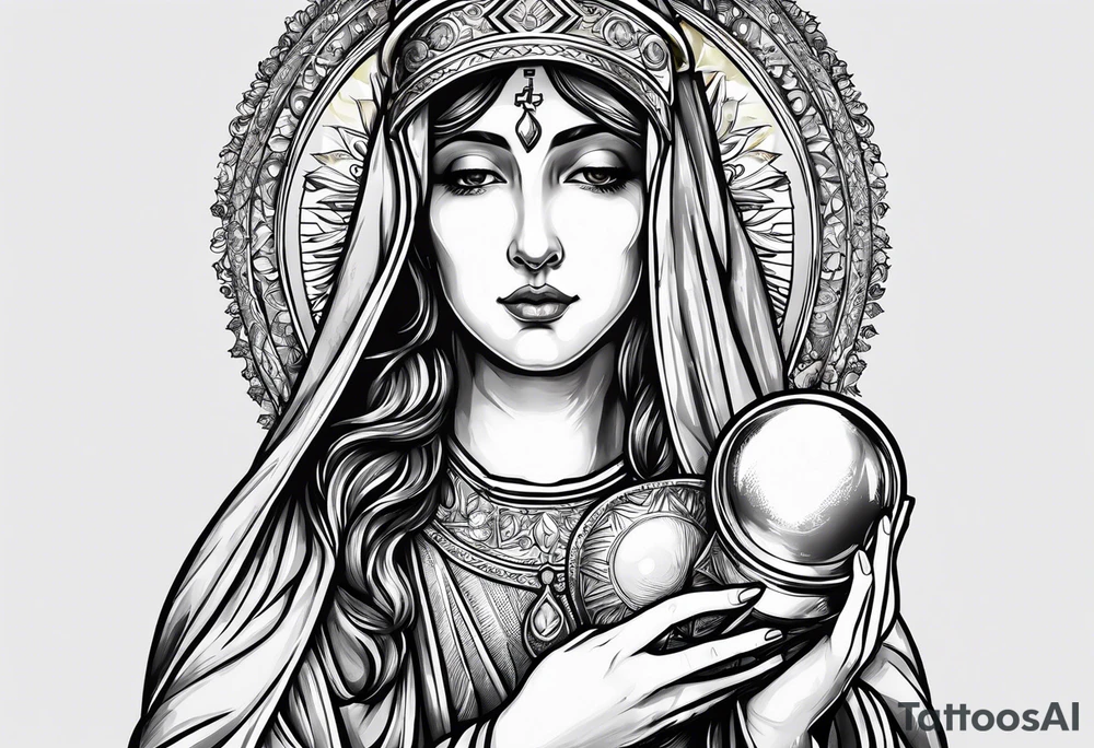 holy saint woman turned away with golden halo holding a chalice tattoo idea