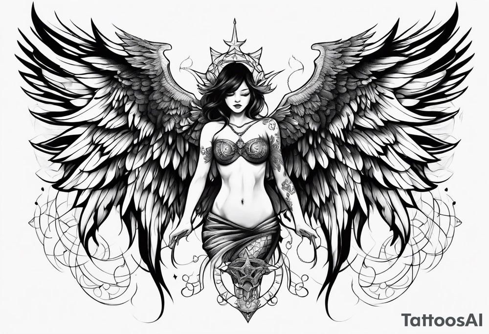 half angel half demon body with wings open tattoo idea