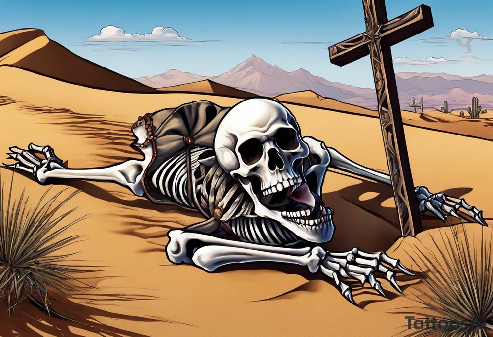 skeleton crawling towards a cross in a desert tattoo idea