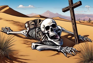 skeleton crawling towards a cross in a desert tattoo idea