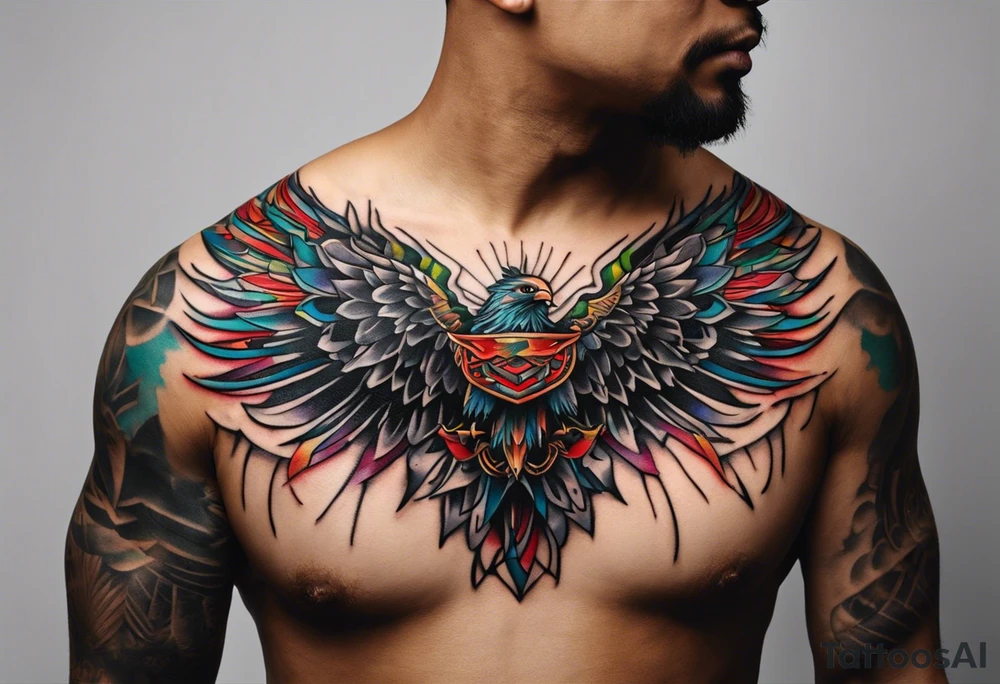 Wide tattoo that appears to be bursting out of the skin, symbolizing freedom. The tattoo should be vibrant and dynamic, with bold lines and colors that evoke a sense of liberation and empowerment. Consider incorporating elements such as broken chains, or other symbols of freedom. The tattoo should be visually striking and thought-provoking, inviting the viewer to reflect on the importance of personal freedom. tattoo idea