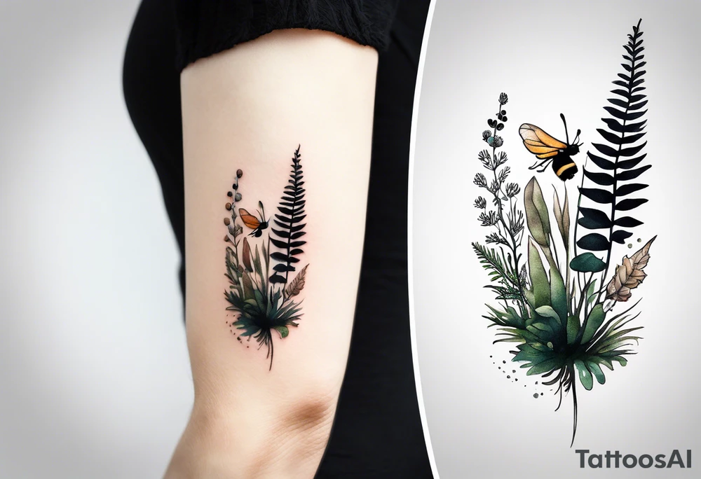 forest floor inspired minimalist tattoo, which includes grass, curly ferns, moss and dead leaves as the bulk of the tattoo. details to include: forest berries, a tiny bumblebee flying nearby, three small brown mushrooms
Generate a vertically long one tattoo idea