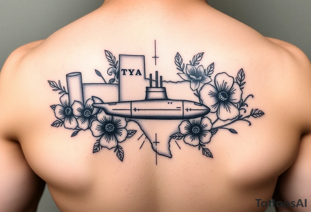 Texas, Connecticut, and Washington. You could also include a small submarine traveling between them.
•	Floral Elements: Incorporate state flowers—bluebonnet (Texas), mountain laurel (Connecticut), and coast rhododendron (Washington)—around the portrait. tattoo idea