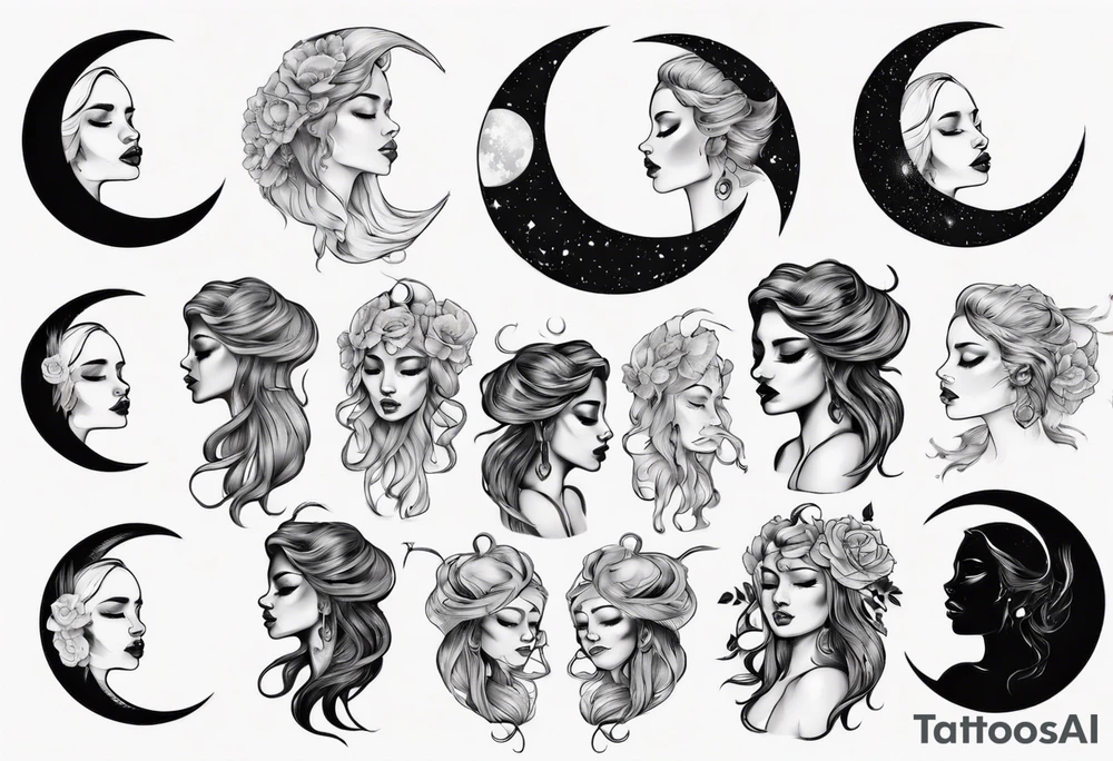 crescent moon with crying woman tattoo idea