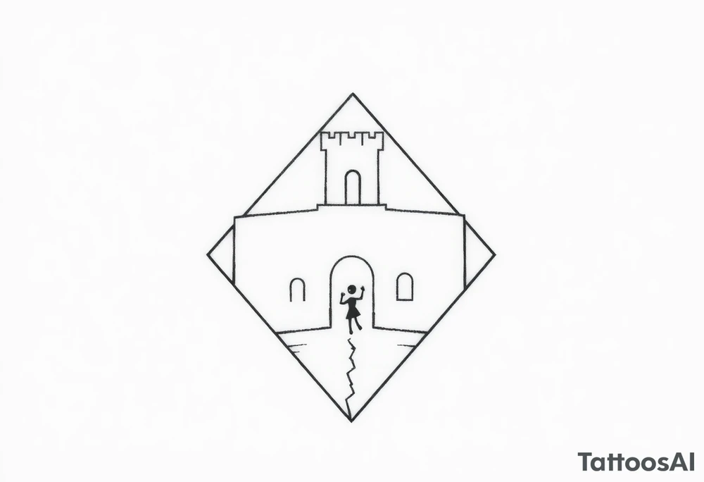Create a minimalistic tattoo design based on a trapezoid shape representing a trap or siege. The trapezoid is the main background and frame.

Inside the trapezoid:

1. A small, simple castle at the top center with smooth walls and a short tower on one side, symbolizing loneliness.


2. A tiny black brick embedded in the castle wall, representing a 225 mg Tramadol pill — looks like a small dark dot from afar.


3. A small smiling mask on the tower with two dots for eyes and a curved line for a mouth, symbolizing hiding inner pain behind a smile.


4. A thin, irregular crack running from the bottom to the top of the castle wall, representing inner wounds and fractures.


5. A thin diagonal ray of light shining from one of the castle windows, symbolizing hope amidst darkness.


6. An abstract, minimal dancer figure in the castle courtyard made with simple lines, symbolizing dancing and perseverance despite being trapped.



The overall design should look clean and geometric from afar, but each element carries personal symbolism and emotional depth. tattoo idea