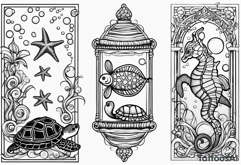 Small Starfish, Seahorse and turtle in a vertical line with bubbles tattoo idea Small Starfish, Seahorse and turtle in a vertical line with bubbles tattoo idea