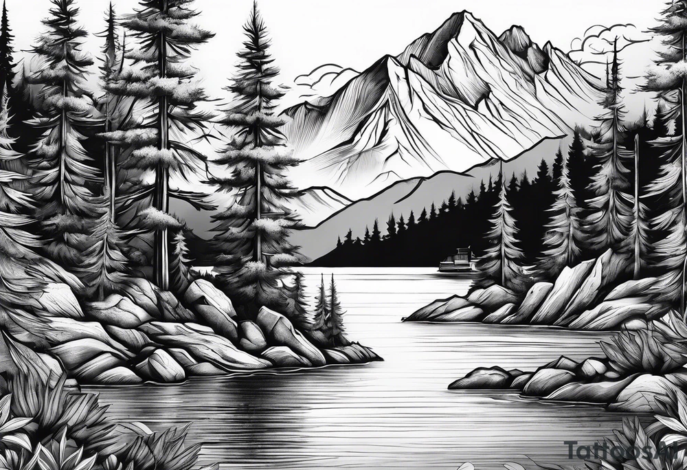 mountains and trees with lake and water skier tattoo idea