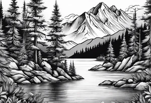 mountains and trees with lake and water skier tattoo idea