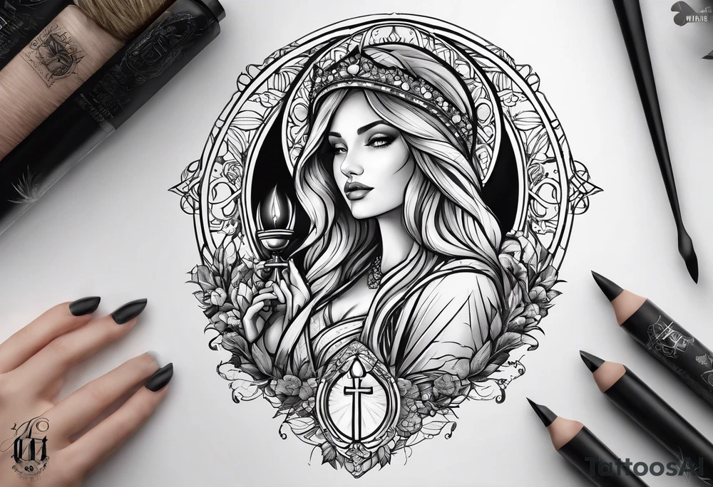 a woman with a halo holding a chalice tattoo idea