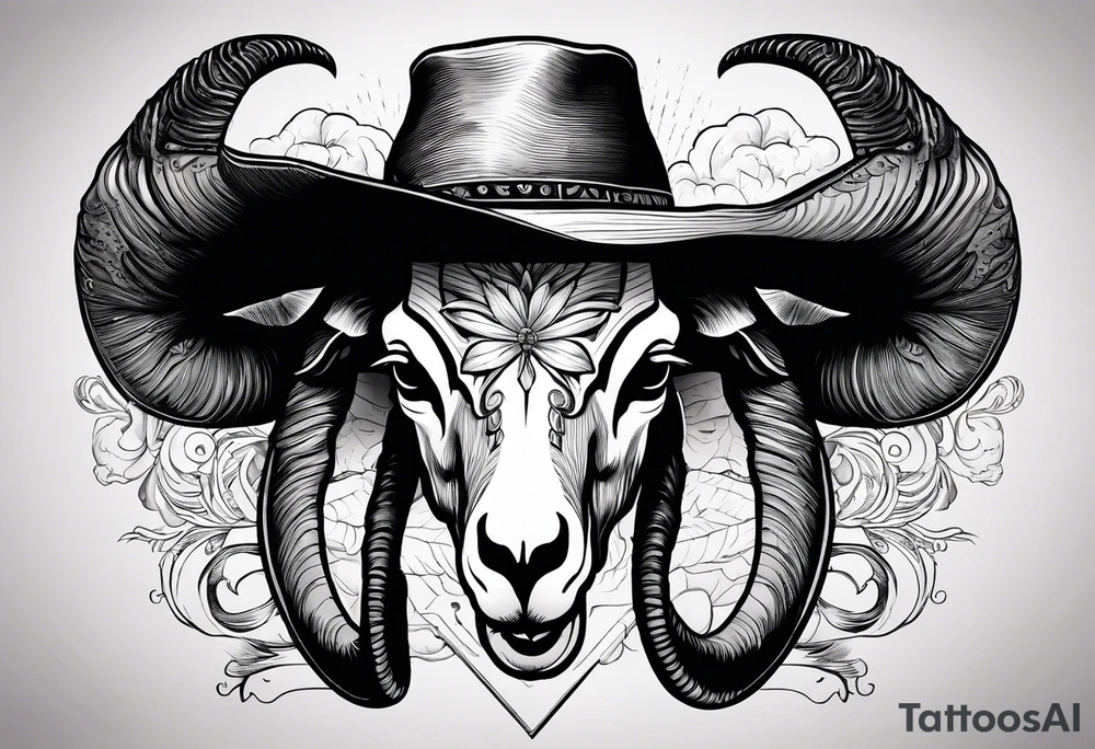 A ram skull with cowboy hat hanging off the end of one of the horns and the words sleep through the storm tattoo idea