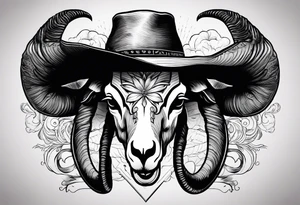 A ram skull with cowboy hat hanging off the end of one of the horns and the words sleep through the storm tattoo idea