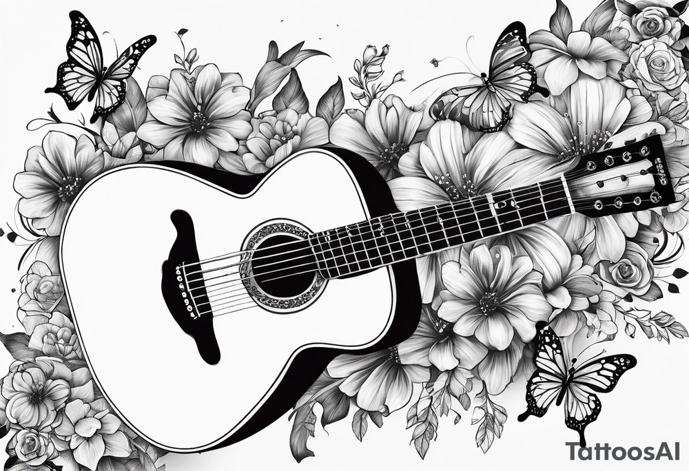 Guitar with flowers growing off the side, butterflies, small tattoo idea