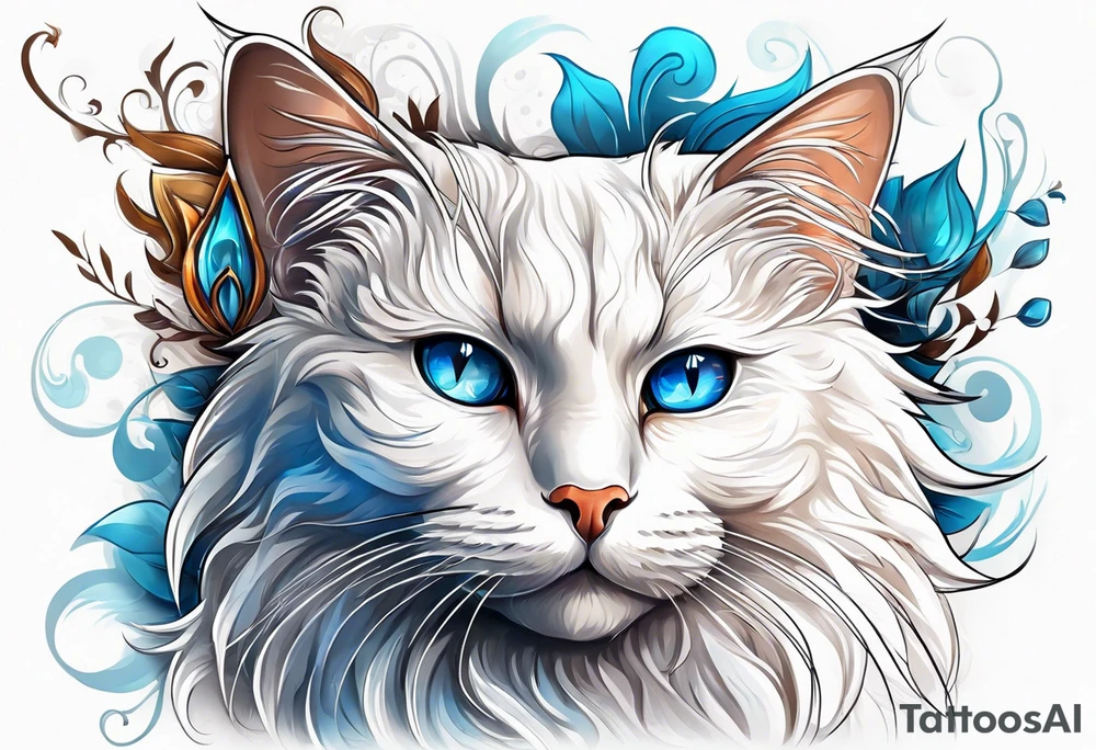 White cat with blue and brown eyes tattoo idea