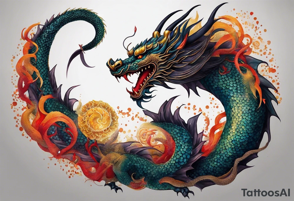 An epic floating asian dragon. Its long body coiling dynamically, with scales and horns detailed to create a sense of movement and strength. The dragon's color is giving a vibrant depth and a mystical aura. This tattoo highlights the dragon’s fierce expression and sharp claws. tattoo idea