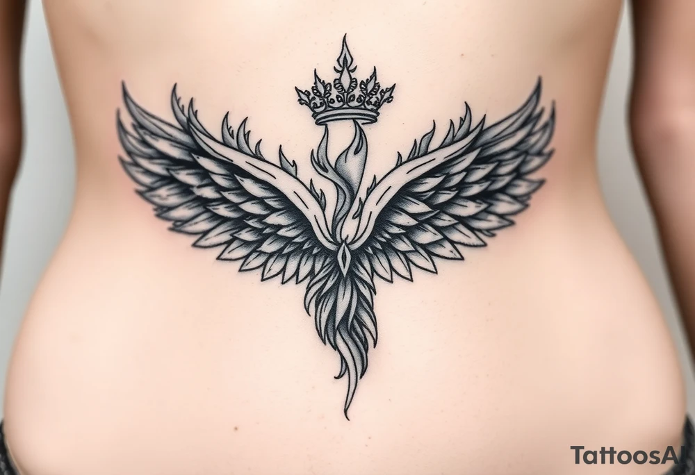 large blazing wing surrounded by fire. with a crown of fire tattoo idea