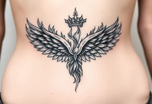 large blazing wing surrounded by fire. with a crown of fire tattoo idea