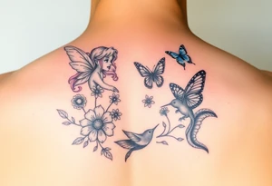 A blonde and pink haired fairy, flowers, a blue butterfly, a hummingbird, and a squirrel tattoo idea