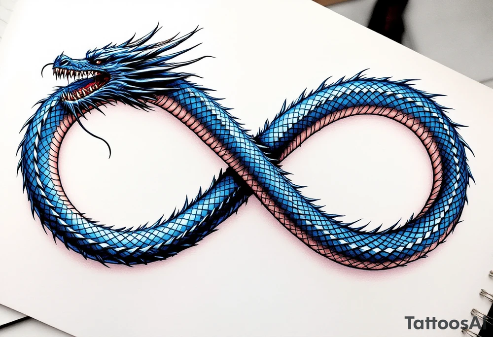 The design features a dragon, coiled in the shape of the infinity symbol (sideways number "8"). The dragon is depicted eating its own tail, symbolizing eternity and continuity, inspired by the Ouroboros.

Details:

The dragon's body has vibrant, glossy blue scales, with a smooth and polished texture.
It maintains a clean, balanced shape in the infinity figure, with sharp details and elegant flow.
Style:

The focus remains on the dragon's form, with no additional background elements to keep the design minimal and modern. tattoo idea