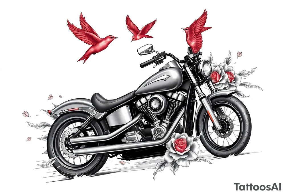 Harley grey motorcycle driving away, two red birds flying, roses and lace, flames tattoo idea