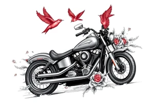 Harley grey motorcycle driving away, two red birds flying, roses and lace, flames tattoo idea