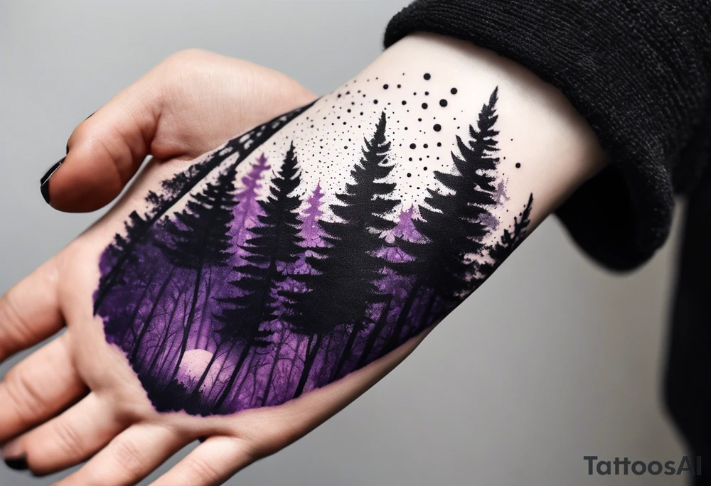forest, abstract, on hand, no people, purple and black, full, all hand wrapped tattoo idea