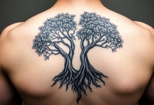 A majestic tree with deep brown roots and lush green leaves, forming a heart shape, symbolizing strength and unwavering hope tattoo idea