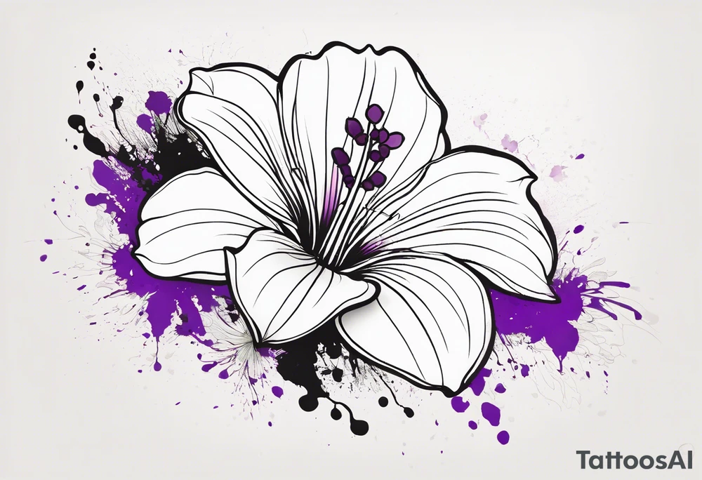 An outline of a rio dipladenia flower with a splatter green and purple behind it tattoo idea