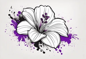 An outline of a rio dipladenia flower with a splatter green and purple behind it tattoo idea