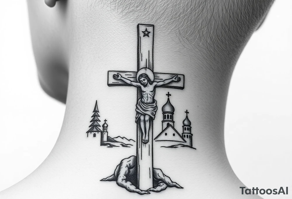 Traditional orthodox ICXC Christian cross with Jesus Christ on the cross also with the foot rest part of the cross in a Russian wilderness Kremlin setting tattoo idea
