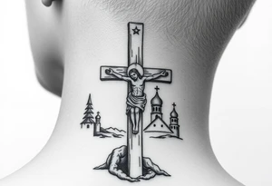 Traditional orthodox ICXC Christian cross with Jesus Christ on the cross also with the foot rest part of the cross in a Russian wilderness Kremlin setting tattoo idea