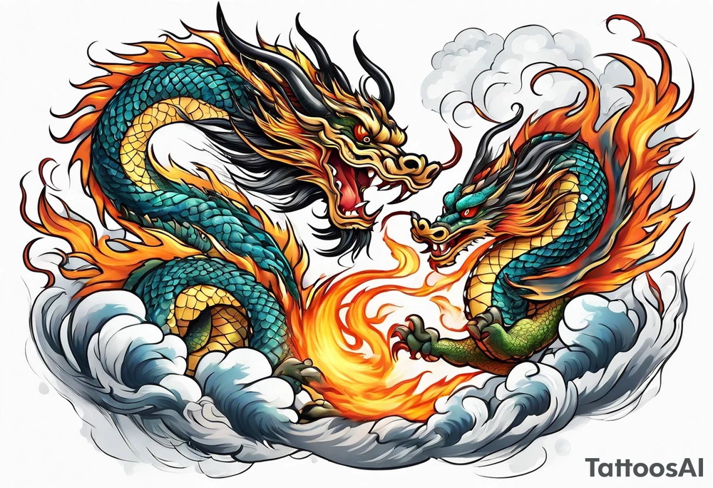 chinese dragon blowing fire while flying through a thunderstorm tattoo idea