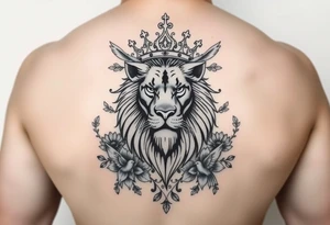 powerful majestic lion with a crown, surrounded by floral ornaments and birds tattoo idea