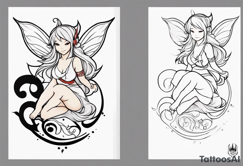 No background and no color sketch of a fairy with a tail inspired by the guild symbol in the anime show called Fairy Tail in a fetal position leaning in and forward while crawled in tattoo idea
