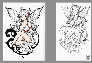 No background and no color sketch of a fairy with a tail inspired by the guild symbol in the anime show called Fairy Tail in a fetal position leaning in and forward while crawled in tattoo idea