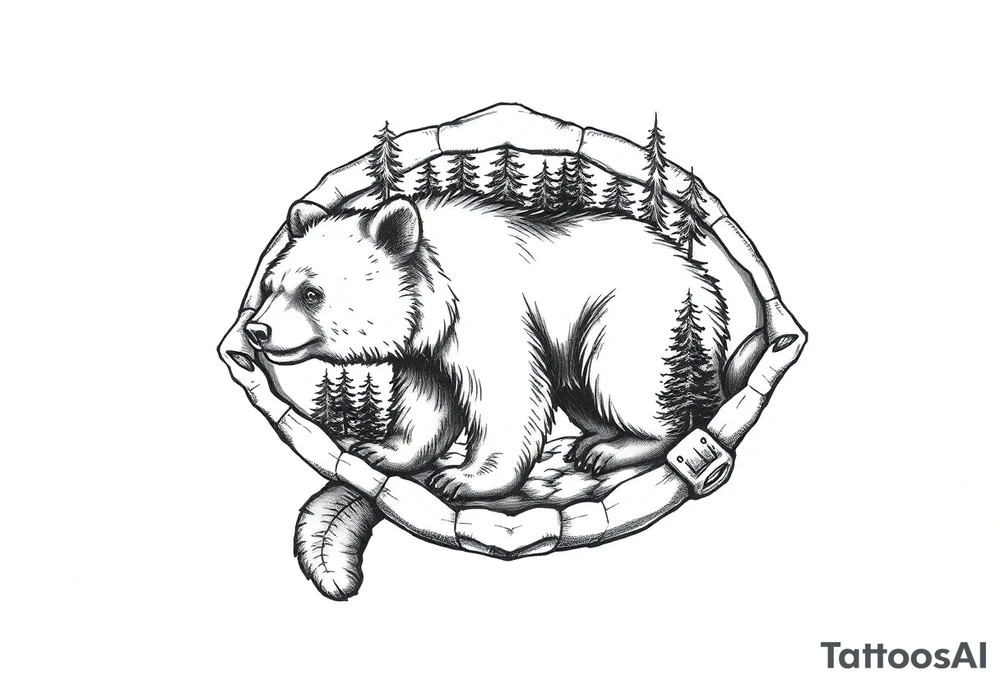 a bear in the forest inside a sea turtle shell tattoo idea